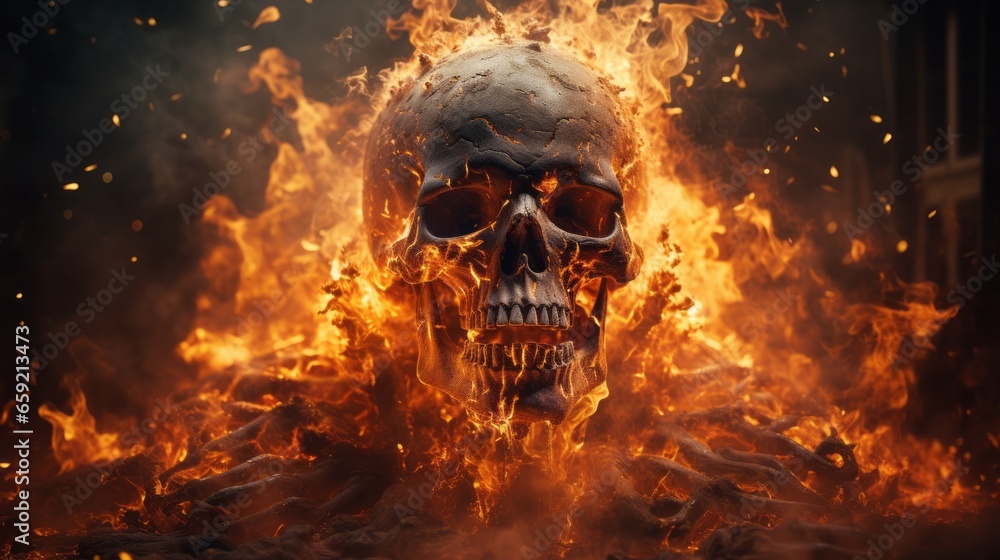 Skull engulfed in flames creating a powerful and symbol. Generative AI - obrazy, fototapety, plakaty 