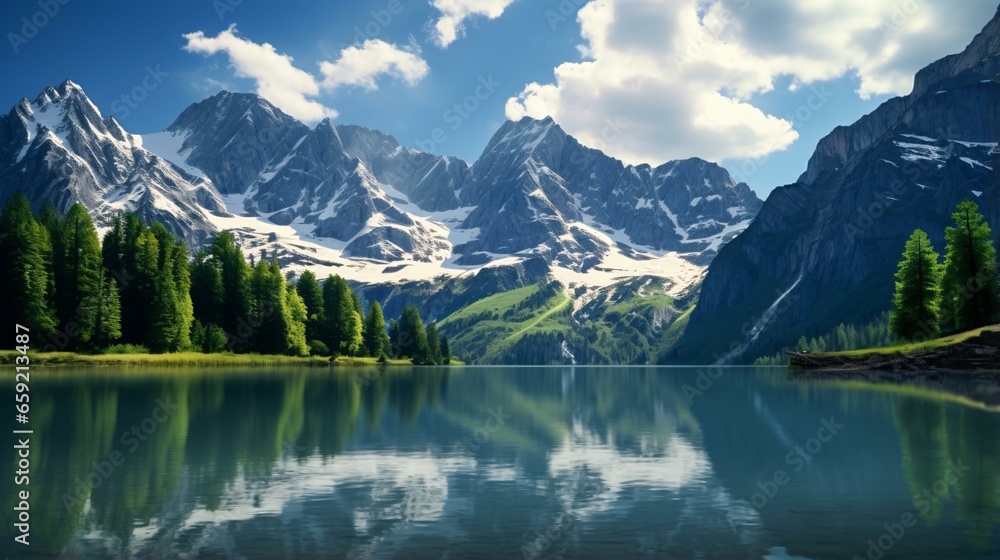 A breathtaking landscape painting capturing the serenity of a mountain range reflecting on a tranquil lake