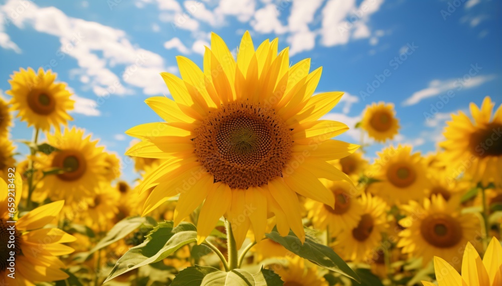 A vibrant field of sunflowers under a clear blue sky
