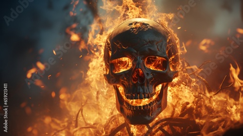 Skull engulfed in flames creating a powerful and symbol. Generative AI