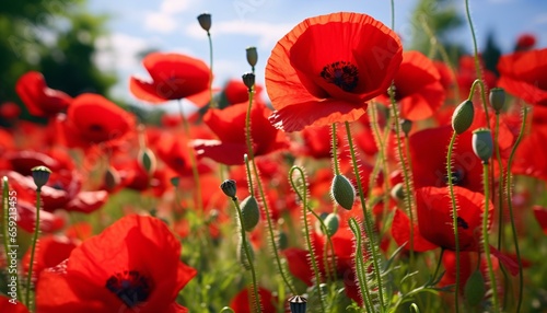 A vibrant field filled with red flowers under the bright sun