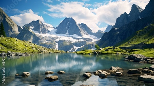 A serene mountain lake with a picturesque landscape