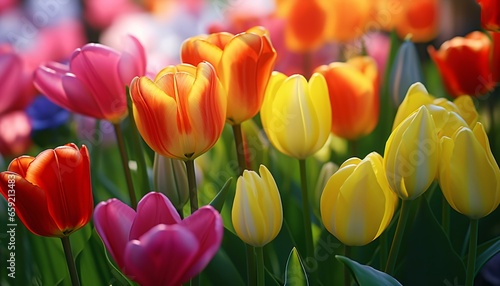 A vibrant field of colorful tulips