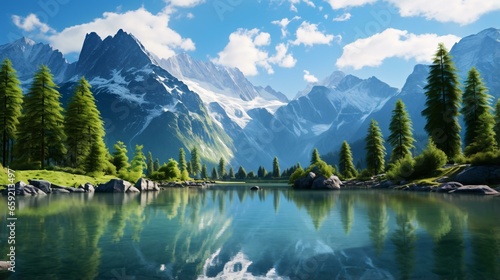 A serene mountain lake nestled among towering trees