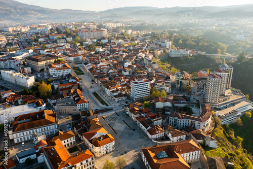 Drone photo of Vila Real, Portugal. View of buildings along city streets from above.