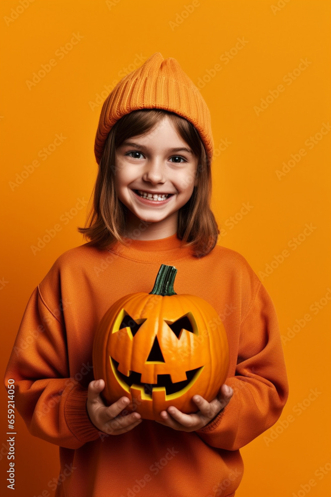 Happy child wearing a halloween costume, holding a jack - o - lantern pumpkin in her hands; solid color background