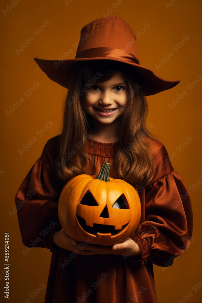 Happy child wearing a halloween costume, holding a jack - o - lantern pumpkin in her hands; solid color background