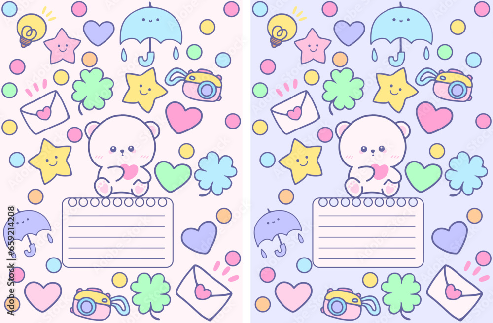 Set cute notebook cover for kids with hand drawing kawaii cartoon elements animals characters children on soft pink purple background with bears, star, mail for inspiration education 