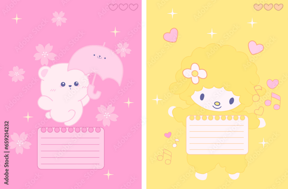 Set cute notebook cover for kids with hand drawing kawaii cartoon elements animals characters children on soft pink purple background with background inspiration education 