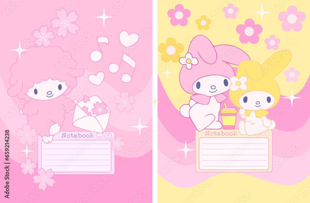 Set cute notebook cover for kids with hand drawing kawaii cartoon elements animals characters children on soft pink purple background with background inspiration education Set cute notebook cover for kids with hand drawing kawaii cartoon elements animals characters children on soft pink purple background with background inspiration education