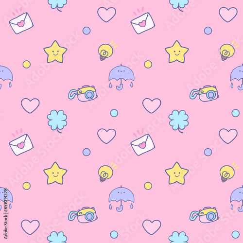 Kids seamless pattern with kawaii retro elements photo, digital, cartoon animals character , star, hearts  and accessories, mail  2000 90's wallpaper pink purple