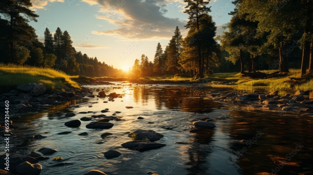 Obraz premium Suns descent casting a warm glow over a tranquil river. Generative AI