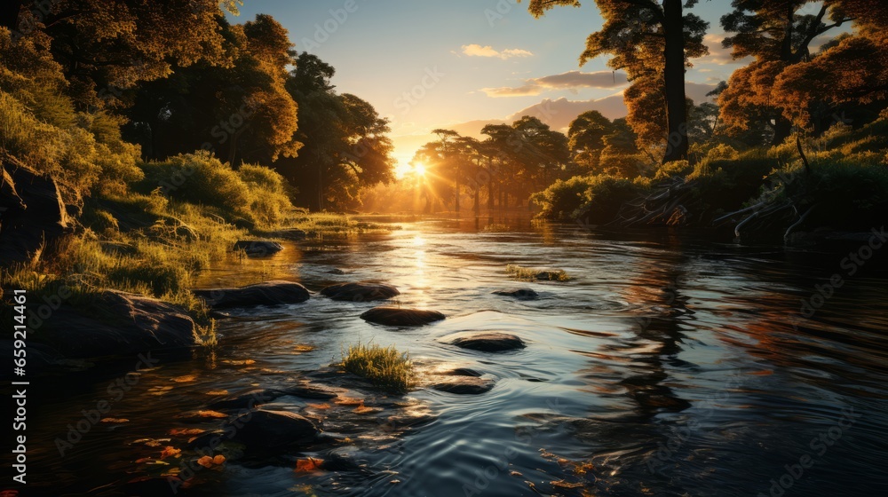 Suns descent casting a warm glow over a tranquil river. Generative AI