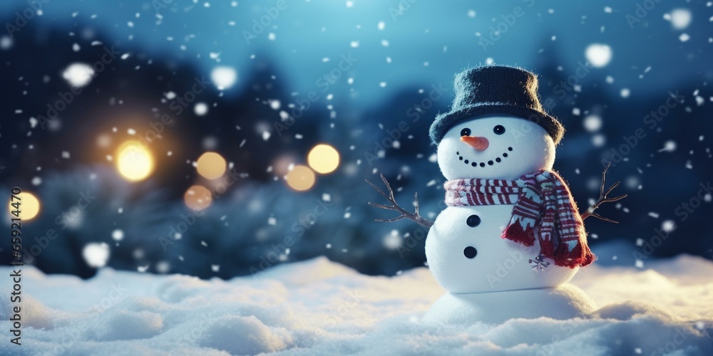 Fototapeta premium CHRISTMAS SNOWY WINTER SNOWMAN SNOWFLAKES FALLING BACKGROUND CINEMATIC