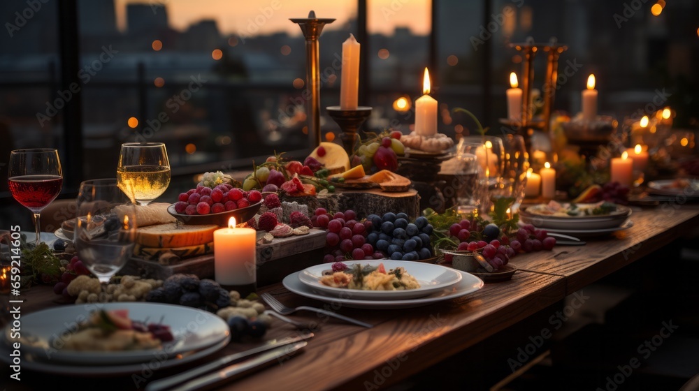 Table adorned with food and candles creating an inviti. Generative AI Table adorned with food and candles creating an inviti. Generative AI