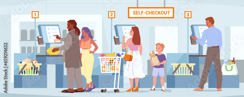Self service at checkout in supermarket vector illustration. Cartoon people with purchases inside shop carts scan food with automatic scanner, customer characters pay at cashier automated counter