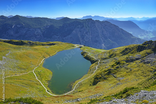 Fototapeta Naklejka Na Ścianę i Meble -  Totes Gebirge - Dead Mountains. Lake Augstsee in Austria Alps near Altaussee village, Ausseer Land, Salzkammergut, Styria, Austria, Europe