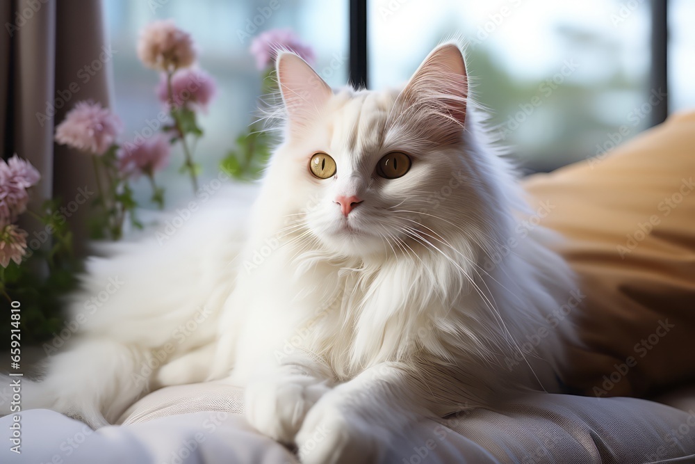 Cute white cat sitting on the couch