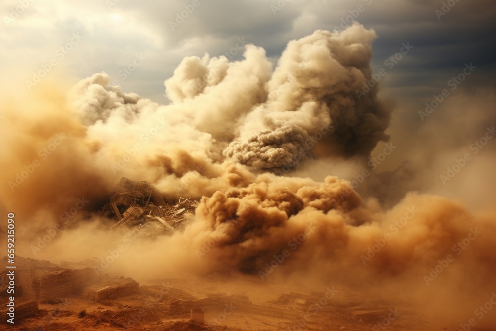 Smoke and dust swirling in the air, obscuring the view of a raging war zone. - obrazy, fototapety, plakaty 