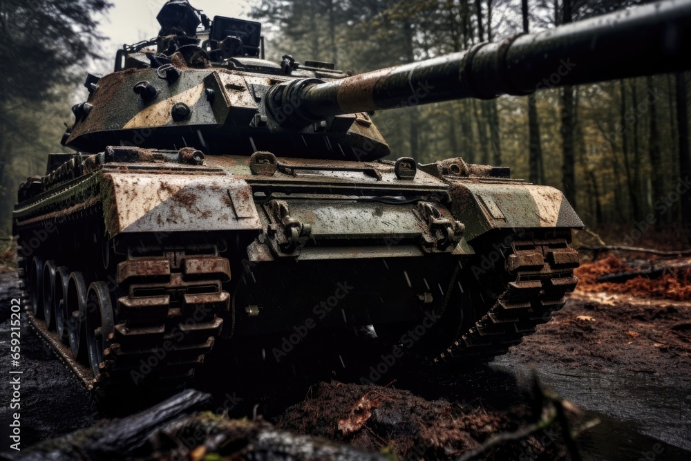 Closeup of a military tank barreling through rough terrain, a force to be reckoned with on the battlefield. Closeup of a military tank barreling through rough terrain, a force to be reckoned with on the battlefield.