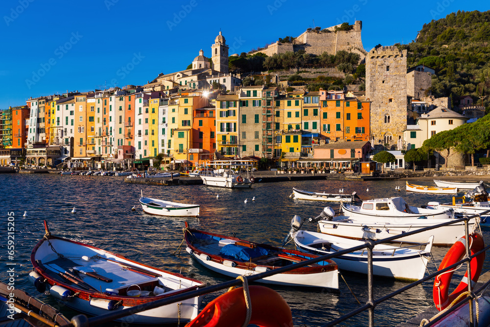 View of Portovenere small colorful town with Doria Castle on Ligurian coast of Italy