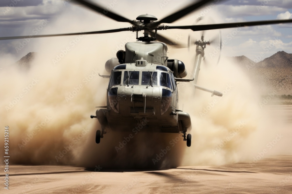 Closeup of a military helicopter taking off, its powerful blades creating a whirlwind of dust. Closeup of a military helicopter taking off, its powerful blades creating a whirlwind of dust.