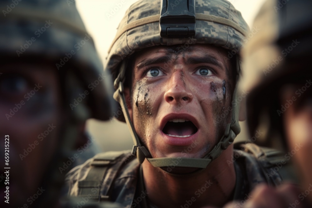 Closeup of a soldiers face as they communicate with a fellow teammate through hand signals, showcasing their ability to adapt and improvise in any situation. Closeup of a soldiers face as they communicate with a fellow teammate through hand signals, showcasing their ability to adapt and improvise in any situation.