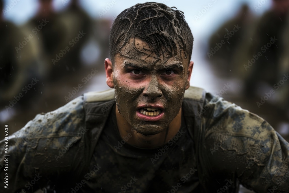 Closeup of an intense training session, with soldiers drenched in sweat as they push themselves to become stronger and more resilient.