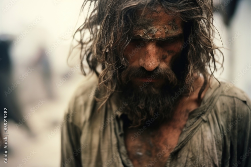 Closeup of a ied and bruised hostage, their clothes torn and hair disheveled, reflecting the horrors of captivity.