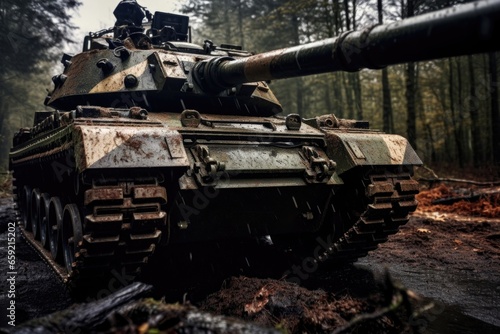 Closeup of a military tank barreling through rough terrain, a force to be reckoned with on the battlefield.