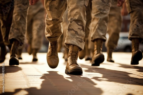 Closeup of a group of soldiers marching with synchronized steps, displaying their discipline and unity.