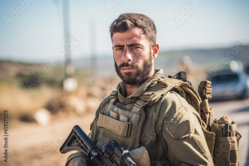 A wellbuilt Israel soldier, dressed in full military gear and holding a rifle, standing guard at the border. © Justlight