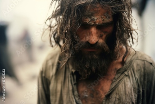 Closeup of a ied and bruised hostage, their clothes torn and hair disheveled, reflecting the horrors of captivity.