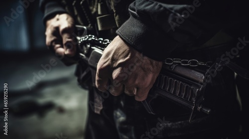 A trembling hand clutches at a makeshift weapon, ready to defend against their captors in this closeup of a hostage.