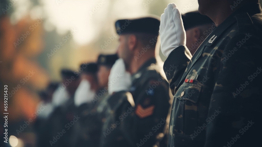 Closeup of a soldiers hand as they salute their fallen comrade at a military funeral, honoring their sacrifice and bravery. - obrazy, fototapety, plakaty 