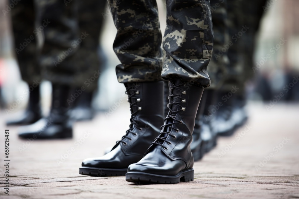 Closeup of military boots marching in perfect unison, showcasing the ...