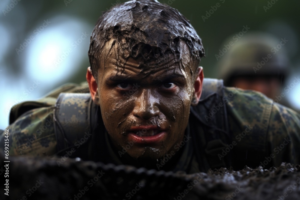 Intimate view of a soldiers face, both exhausted and determined, as they trek through rough terrain during a deployment.