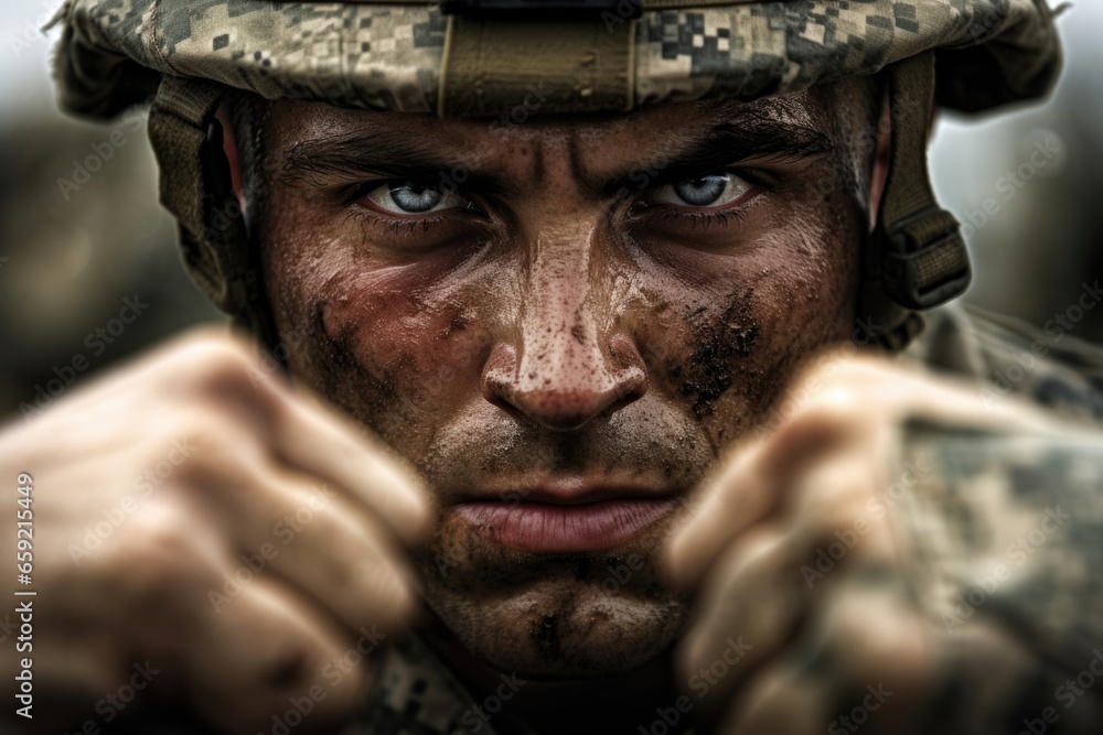 Closeup of a soldiers tightly clenched fist, a display of strength and determination in the face of danger. Closeup of a soldiers tightly clenched fist, a display of strength and determination in the face of danger.