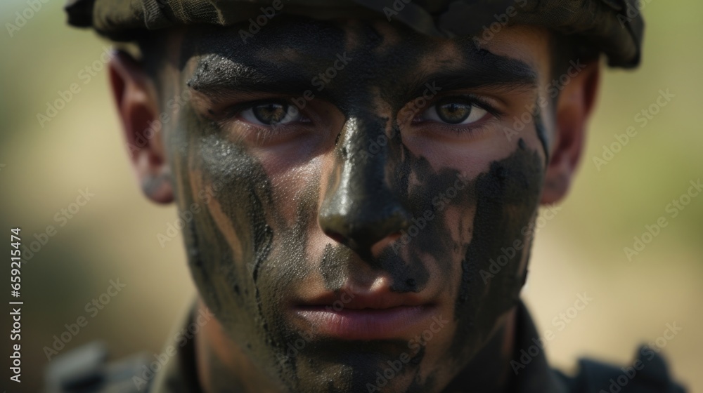 . Closeup of an Israel soldiers camouflage face paint, blending in seamlessly with their surroundings, ready for a stealth mission.