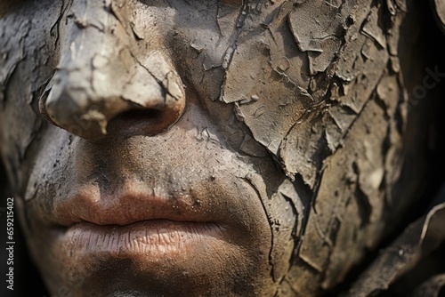 Closeup of a soldiers weary face, etched with scars and lines from the battles they have fought and the traumas they have endured.