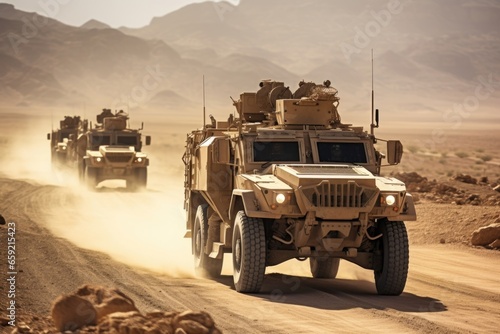 Fototapeta Closeup of a group of military vehicles rolling through a desert landscape