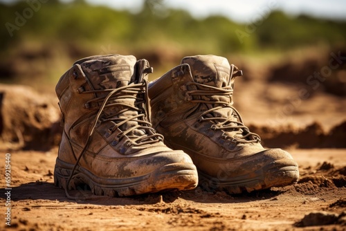 A soldiers rugged boots covered in dirt and mud, evidence of the challenging terrain they navigate on a daily basis.