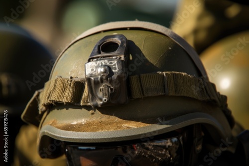 . Closeup of an Israel soldiers helmet, bearing the symbol of their unit, representing their loyalty and camaraderie with their fellow soldiers.