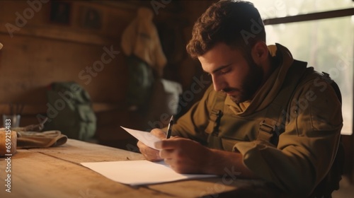 Closeup of an Israeli soldier writing a letter to his family, his face solemn and filled with emotion as he thinks of his loved ones back home. photo