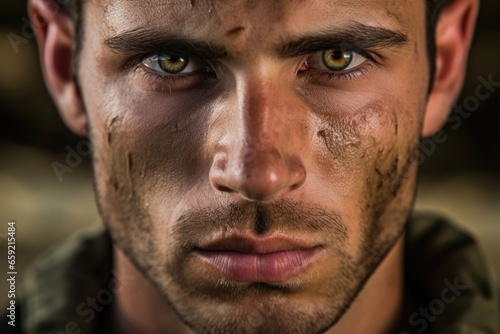 Intense closeup of an Israel soldiers face, showcasing his unwavering dedication and bravery.