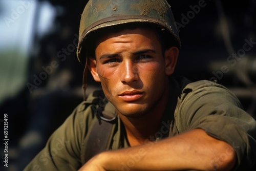 Closeup of an Israel soldier with a stern expression, signaling a high level of discipline and training. photo