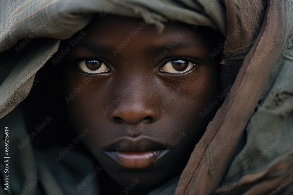The hauntingly blank stare of a child soldier is captured in this closeup, a stark reminder of the horrors of war and its impact on innocent lives. The hauntingly blank stare of a child soldier is captured in this closeup, a stark reminder of the horrors of war and its impact on innocent lives.