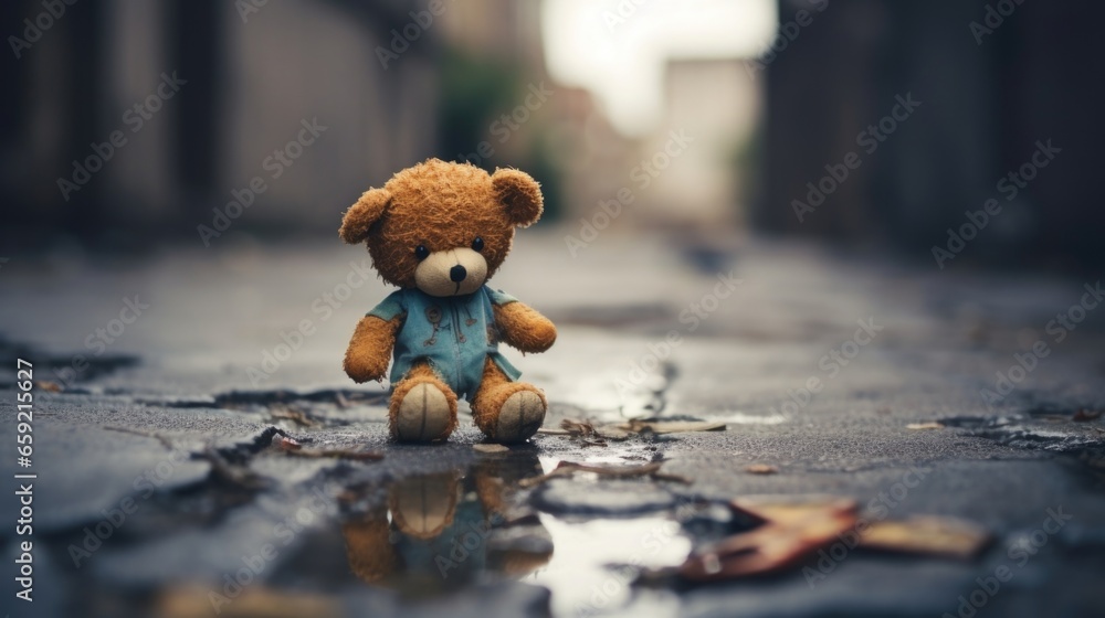 Closeup of a childs toy abandoned on a orn street, a heartbreaking image of innocence lost. - obrazy, fototapety, plakaty 