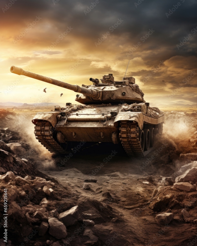 Closeup of a tank rolling through a desolate landscape, leaving destruction in its wake. Closeup of a tank rolling through a desolate landscape, leaving destruction in its wake.