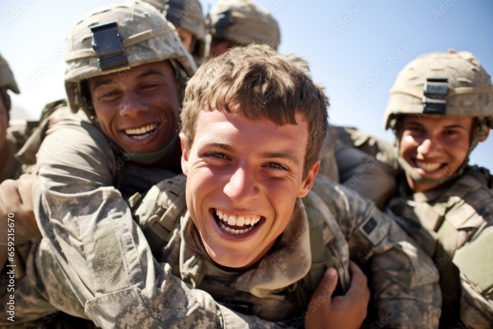 Closeup of soldiers carrying a ed comrade to safety, showcasing the bond of brotherhood in the military.